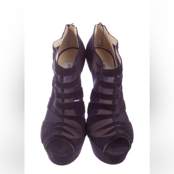 EUC JIMMY CHOO Plum suede Jimmy Choo peep-toe booties with mesh trim, zip back. - Picture 3 of 5